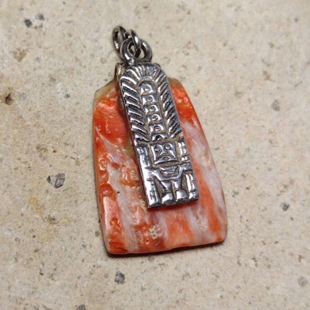 Tiki god Totem Sunrise Seashell Sterling Silver Pendant Vintage